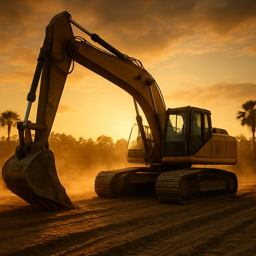 Excavator working a freshly graded Florida job site at golden hour